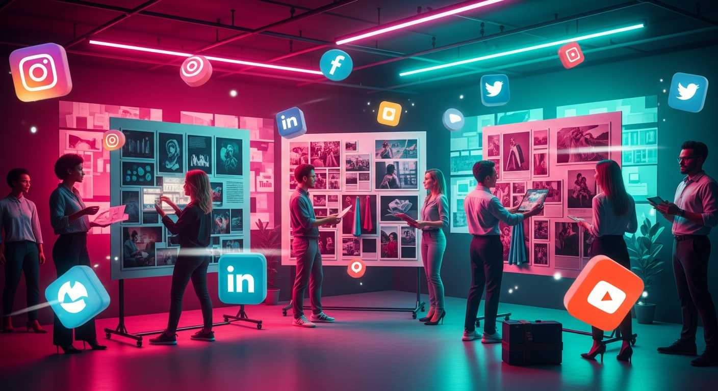 Mesa de trabalho com materiais de marketing